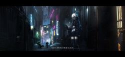 Rule 34 | 1girl, 3others, alley, asteroid ill, bad id, bad twitter id, black footwear, black jacket, black shorts, black thighhighs, boots, building, cityscape, commentary, commentary request, dark, expressionless, green eyes, highres, holding, holding phone, iz (asteroid ill), jacket, letterboxed, lights, long hair, long sleeves, multiple others, neon lights, night, open clothes, open jacket, original, outdoors, phone, scenery, shirt, shorts, skyscraper, sleeves past wrists, solo focus, standing, thighhighs, translated, very long hair, white hair, white shirt, wide shot, window