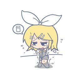 Rule 34 | 1girl, bare shoulders, between legs, black footwear, black sailor collar, black shorts, blonde hair, blush, blush stickers, breath, chibi, detached sleeves, embarrassed, female focus, flying sweatdrops, full body, hair ornament, hair ribbon, hairclip, half-closed eyes, hand between legs, have to pee, kagamine rin, kneehighs, knees together feet apart, matching hair/eyes, ooyama bokuchi, open mouth, own hands together, ribbon, sailor collar, shirt, short hair, shorts, simple background, sleeveless, sleeveless shirt, socks, solo, speech bubble, standing, sweat, swept bangs, tears, trembling, v arms, vocaloid, white background, white ribbon, white shirt, yellow eyes
