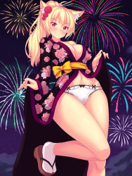 Rule 34 | 1girl, ahoge, animal ear fluff, animal ears, blonde hair, blush, breasts, cameltoe, cat ears, cleavage, clothes lift, fireworks, floral print, flower, hair flower, hair ornament, highres, japanese clothes, kimono, kimono lift, large breasts, lifting own clothes, long hair, looking at viewer, navel, night, nottytiffy, original, panties, ponytail, red eyes, sandals, sash, smile, socks, solo, standing, standing on one leg, tiffy (nottytiffy), underwear, white panties, yukata, yukata lift