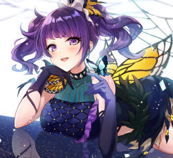 Rule 34 | 1girl, asymmetrical gloves, black choker, black dress, black gloves, bug, butterfly, butterfly ornament, butterfly wings, choker, commentary, diagonal bangs, dress, ear piercing, earrings, gloves, hair ribbon, halterneck, head rest, idolmaster, idolmaster shiny colors, iku2727, insect, insect wings, jewelry, light blush, light particles, looking at viewer, lying, medium hair, multiple piercings, on stomach, open mouth, piercing, purple eyes, purple hair, reflection, ribbon, short dress, silk, smile, solo, spider web, spiked choker, spikes, stud earrings, tanaka mamimi, twintails, uneven gloves, water drop, white ribbon, wind, wings