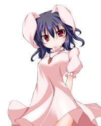 Rule 34 | 1girl, animal ears, arms behind back, atoshi, black hair, brown eyes, brown hair, carrot, carrot necklace, colorized, dress, female focus, fuyuno taka, green eyes, hair between eyes, hair ornament, highres, inaba tewi, jewelry, looking at viewer, necklace, pink dress, rabbit ears, red eyes, short hair, short sleeves, simple background, solo, standing, touhou, wata (akawata), white background