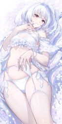Rule 34 | 1girl, fate/grand order, fate (series), lady avalon (fate), long hair, looking at viewer, lying, merlin (fate/prototype), muneomon (takomon), panties, smile, solo, underwear, white hair