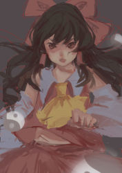 Rule 34 | 1girl, absurdres, black hair, bow, chinese commentary, commentary request, detached sleeves, furrowed brow, hair bow, hair tubes, hakurei reimu, highres, long hair, looking at viewer, onebill, red bow, red shirt, red skirt, shirt, skirt, sleeveless, sleeveless shirt, solo, touhou, white sleeves, yellow neckwear