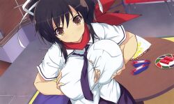 Rule 34 | 1girl, asuka (senran kagura), bikini, black hair, blue necktie, blush, breast lift, breasts, breasts squeezed together, brown eyes, candy, candy wrapper, chest of drawers, chocolate, chocolate bar, cleavage, food, front-tie bikini top, front-tie top, frown, game cg, grabbing, grabbing own breast, hair ribbon, hanzou academy uniform, highres, indoors, large breasts, meat, multicolored bikini, multicolored clothes, multicolored stripes, necktie, official art, omelet, omurice, plate, ponytail, rainbow bikini, red scarf, ribbon, rice, scarf, senran kagura, senran kagura shoujo-tachi no shin&#039;ei, shirt, short hair, short ponytail, skirt, solo, standing, striped bikini, striped clothes, swimsuit, table, tile floor, tiles, white ribbon, wooden floor, wrapped candy, yaegashi nan