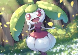 Rule 34 | :d, absurdres, bright pupils, commentary request, creatures (company), day, falling petals, flower, game freak, gen 7 pokemon, grass, hand up, happy, highres, nintendo, open mouth, outdoors, petals, pokemon, pokemon (creature), red eyes, smile, solo, steenee, teru (245 neko), tree, white flower, white pupils