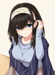 Rule 34 | 1girl, 3:, adjusting hair, asagi nanami, black hair, blue eyes, blue shawl, blue shirt, blush, breasts, closed mouth, collarbone, commentary, frown, hair between eyes, hairband, hand up, highres, idolmaster, idolmaster cinderella girls, jewelry, large breasts, long hair, looking at viewer, necklace, sagisawa fumika, shawl, shirt, simple background, sleeves past wrists, solo, split mouth, upper body, white background, white hairband
