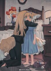 Rule 34 | 2girls, aged down, animal ear fluff, animal ears, arknights, bandaged arm, bandages, barefoot, bed, bedroom, black footwear, black jacket, black pants, black suit, blanket, blonde hair, blood, blood on arm, blue dress, blunt ends, character request, child, chinese commentary, colored tips, commentary request, covered mouth, dot nose, drawer, dress, flower, formal, fox ears, fox tail, from behind, full body, green eyes, height difference, high heels, highres, hug, indoors, injury, jacket, kneeling, lamp, long dress, long hair, long sleeves, mirror, mother and daughter, multicolored hair, multiple girls, multiple tails, pants, pillow, pleated dress, puffy short sleeves, puffy sleeves, red flower, red medicine, shadow, short sleeves, standing, straight hair, stuffed animal, stuffed toy, suit, suzuran (arknights), tail, teddy bear, toes, vase, white flower, white hair, wooden floor, yellow flower