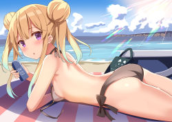 Rule 34 | 1girl, ass, bare shoulders, beach, beach mat, bikini, black bikini, blonde hair, breasts, day, double bun, from side, gradient hair, hair bun, halterneck, holding, long hair, looking at viewer, looking to the side, lying, multicolored hair, on stomach, original, outdoors, parted lips, purple eyes, side-tie bikini bottom, small breasts, solo, string bikini, sunlight, swimsuit, thighs, twintails, untied bikini, yuuki yuu