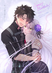 Rule 34 | 1boy, 1girl, brown hair, closed eyes, command spell, fate/grand order, fate (series), fujimaru ritsuka (male), fujimaru ritsuka (male) (polar chaldea uniform), highres, hug, jeanne d&#039;arc alter (fate), jewelry, omizu (omz), ring, wedding ring, white background, white hair, yellow eyes