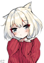 Rule 34 | 1girl, animal ears, bare shoulders, blonde hair, blush, cat ears, grey eyes, hamaru (s5625t), hands up, head tilt, long hair, long sleeves, looking at viewer, off shoulder, original, parted lips, red sweater, ribbed sweater, signature, simple background, sleeves past wrists, solo, sweater, upper body, white background