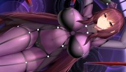 Rule 34 | 1girl, :o, absurdres, armor, arms up, bodysuit, breasts, cameltoe, chixiao, covered navel, fate/grand order, fate (series), gae bolg (fate), hair intakes, highres, large breasts, long hair, looking at viewer, lying, on back, open mouth, pauldrons, polearm, purple hair, red eyes, scathach (fate), shiny clothes, shoulder armor, solo, spear, very long hair, weapon