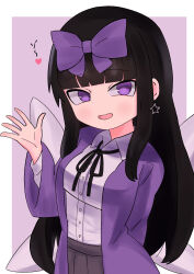 Rule 34 | 1girl, 6gd7b, arm behind back, black hair, black ribbon, blunt bangs, border, bow, breasts, coat, commentary request, cookie (touhou), drop earrings, earrings, fairy wings, hair bow, hand up, heart, highres, jewelry, light blush, long hair, looking at viewer, medium breasts, open mouth, outside border, purple background, purple bow, purple coat, purple eyes, ribbon, shunga youkyu, simple background, smile, solo, star (symbol), star earrings, star sapphire, touhou, tsurime, very long hair, waving, white border, wing collar, wings