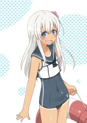 Rule 34 | 10s, 1girl, :d, b-man, blue eyes, flower, flower on head, innertube, kantai collection, long hair, looking at viewer, open mouth, ro-500 (kancolle), school swimsuit, school uniform, serafuku, silver hair, smile, solo, swim ring, swimsuit, swimsuit under clothes, tan, tanline