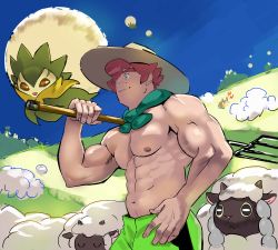 Rule 34 | 1boy, abs, absurdres, bara, beige headwear, blue eyes, closed mouth, commentary request, creatures (company), day, eldegoss, freckles, game freak, gen 8 pokemon, grass, green shorts, gym leader, hat, highres, holding, holding pitchfork, male focus, milo (pokemon), navel, nintendo, nipples, outdoors, pectorals, pink hair, pitchfork, pokemon, pokemon (creature), pokemon swsh, short hair, shorts, sky, smile, sun hat, tofu (tofulabo), topless male, wooloo