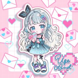 Rule 34 | 1girl, and uge, asymmetrical legwear, blue dress, blue eyes, blue flower, blue sleeves, blush, boots, box, braid, character name, chibi, circle facial mark, commentary request, detached sleeves, dress, flower, full body, grey hair, grid background, hair flower, hair ornament, hairclip, heart, heart-shaped box, heart-shaped pupils, heart hair ornament, highres, joints, long hair, looking at viewer, medium bangs, mismatched legwear, nanashi inc., open mouth, outline, pink background, robot joints, roi, side braid, single braid, socks, solo, symbol-shaped pupils, thighhighs, valentine, virtual youtuber, wavy hair, white footwear, white outline, white socks, white thighhighs, winding key