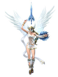 Rule 34 | 1girl, absurdres, angel wings, arm up, blonde hair, breasts, cleavage, detached sleeves, elysium (soulcalibur), hair ribbon, highres, jewelry, kawano takuji, large breasts, legs, lips, long legs, lots of jewelry, mask, navel, official art, revealing clothes, ribbon, see-through, shield, single sleeve, soul calibur, soul calibur (weapon), soulcalibur, soulcalibur v, spoilers, strapless, sword, thighs, tube top, underboob, valkyrie, weapon, wings