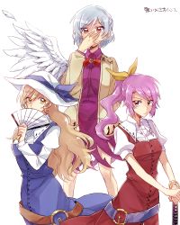 Rule 34 | 3girls, 6 (yuchae), blonde hair, covering own mouth, dress, feathered wings, feathers, folding fan, hand fan, hand over own mouth, hat, highres, jacket, katana, kishin sagume, long hair, multiple girls, purple hair, red eyes, short hair, silver hair, single wing, sword, touhou, watatsuki no toyohime, watatsuki no yorihime, weapon, wings, yellow eyes