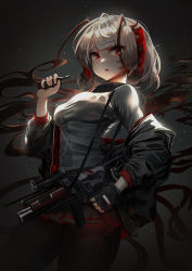 Rule 34 | 1girl, absurdres, arknights, black jacket, black pantyhose, black skirt, commentary, fang, grey background, grey hair, grey shirt, gun, hand up, highres, holding, holding gun, holding weapon, jacket, long sleeves, looking at viewer, mecha (alswp), off shoulder, open clothes, open jacket, open mouth, pantyhose, pleated skirt, puffy long sleeves, puffy sleeves, red eyes, shirt, skirt, solo, turtleneck, w (arknights), weapon