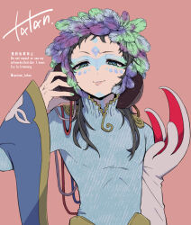 Rule 34 | 1other, androgynous, blue eyes, dress, facepaint, facial mark, feathers, forehead mark, gnosia, green hair, headphones, highres, long sleeves, looking at viewer, other focus, raciraci tatan, raqio, simple background, solo, tattoo, upper body