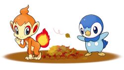 Rule 34 | blue eyes, chimchar, closed mouth, commentary request, creatures (company), fire, fire, game freak, gen 4 pokemon, grey eyes, leaf, nintendo, no humans, official art, piplup, pokemon, pokemon (creature), project pochama, standing, toes, white background