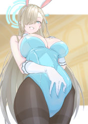 Rule 34 | 1girl, animal ears, asuna (blue archive), asuna (bunny) (blue archive), asymmetrical bangs, bare shoulders, blue archive, blue bow, blue bowtie, blue leotard, bow, bowtie, grabbing another&#039;s breast, breasts, brown pantyhose, cleavage, cowboy shot, deep skin, detached collar, fake animal ears, from below, gloves, grabbing, grabbing own breast, grin, hair over one eye, halo, hand on own stomach, highleg, highleg leotard, highres, large breasts, leotard, light brown hair, long hair, looking at viewer, mole, mole on breast, nakashige shunsuke, outside border, pantyhose, playboy bunny, rabbit ears, simple background, smile, solo, strapless, strapless leotard, thighband pantyhose, very long hair, white gloves