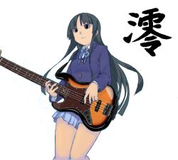 Rule 34 | 1girl, akiyama mio, bad drawr id, bad id, bare legs, bass guitar, bisyamon, black eyes, black hair, blue ribbon, blue shirt, blue skirt, breasts, buttons, closed mouth, collared shirt, cowboy shot, fender precision bass, guitar, holding, holding guitar, holding instrument, instrument, k-on!, long hair, long sleeves, looking at viewer, music, neck ribbon, oekaki, playing instrument, pleated skirt, ribbon, sakuragaoka high school uniform, shirt, sidelocks, simple background, skirt, small breasts, smile, solo, standing, thighs, white background