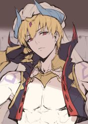 Rule 34 | 1boy, bare shoulders, blonde hair, circlet, closed mouth, commentary request, fate/grand order, fate (series), gauntlets, gilgamesh (fate), gilgamesh (caster) (fate), hand up, haoni, horns, looking at viewer, male focus, red eyes, sketch, solo, tattoo, turban, upper body