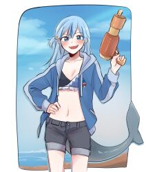 Rule 34 | 1girl, alternate costume, beach, bear hair ornament, bikini, black shorts, blue eyes, blue hair, blue jacket, blue sky, border, commentary, cowboy shot, day, double-parted bangs, drawstring, drop shadow, english commentary, finger on trigger, fins, fish tail, gawr gura, grey hair, hair between eyes, hair ornament, hand on own hip, hand up, highres, holding, holding water gun, hololive, hololive english, hood, hood down, hooded jacket, jacket, long hair, long sleeves, looking at viewer, mittsu, multicolored hair, navel, ocean, one side up, open clothes, open jacket, outdoors, shark print, shark tail, short shorts, shorts, single vertical stripe, sketch, sky, solo, standing, straight hair, streaked hair, super soaker, swimsuit, tail, two-tone hair, v-shaped eyebrows, virtual youtuber, water gun, white border