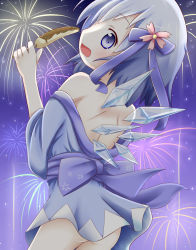 Rule 34 | 1girl, alternate costume, alternate headwear, ass, back, backless dress, backless outfit, bare shoulders, blue dress, blue eyes, blue hair, blue kimono, blue skirt, bow, chocolate banana, cirno, dress, fang, fireworks, flower, from behind, hair bow, hair flower, hair ornament, highres, japanese clothes, kimono, looking at viewer, looking back, makuran, matching hair/eyes, no bra, no panties, off shoulder, open mouth, sash, short hair, skirt, sky, solo, star (sky), touhou, wide sleeves, wings, yukata