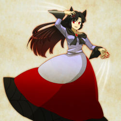 Rule 34 | 1girl, animal ears, bad id, bad pixiv id, black hair, brooch, brown hair, dress, fingernails, gradient hair, imaizumi kagerou, jewelry, long fingernails, long hair, long sleeves, motion lines, multicolored hair, open mouth, red eyes, simple background, solo, standing, suzuki natsume, touhou, werewolf, wolf ears