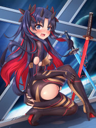 Rule 34 | 1girl, ass, black bodysuit, black hair, black ribbon, blue eyes, blush, bodysuit, breasts, commentary request, fate/grand order, fate (series), hair ribbon, highres, horns, ishtar (fate), kaiyi, katana, multicolored hair, on one knee, open mouth, parted bangs, red hair, ribbon, skin tight, small breasts, solo, space ishtar (fate), space ishtar (first ascension) (fate), sword, torn bodysuit, torn clothes, two-tone hair, two side up, weapon