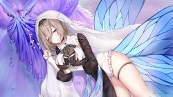 Rule 34 | 1girl, absurdres, aponia (honkai impact), black dress, blue eyes, breasts, brown hair, butterfly wings, cleavage, closed mouth, dress, hair between eyes, highres, honkai (series), honkai impact 3rd, insect wings, large breasts, long hair, looking at viewer, nun, ponytail, re xiangbin, solo, thighs, veil, wings