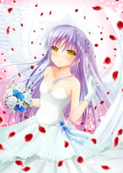 Rule 34 | 1girl, angel beats!, angel wings, blue flower, blue rose, blurry, blurry foreground, blush, bouquet, breasts, chibinon, cleavage, closed mouth, collarbone, dress, feathered wings, floating hair, flower, gloves, hair between eyes, highres, holding, holding bouquet, long dress, long hair, looking at viewer, motion blur, rose, silver hair, sleeveless, sleeveless dress, small breasts, smile, solo, standing, strapless, strapless dress, tenshi (angel beats!), very long hair, wedding dress, white dress, white flower, white gloves, white rose, white wings, wings, yellow eyes