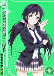 Rule 34 | 10s, 1girl, aqua eyes, blouse, blue necktie, blush, breast hold, breasts, buttons, card (medium), character name, collared shirt, green background, grin, holding elbow, long hair, long sleeves, looking at viewer, love live!, love live! school idol festival, love live! school idol project, low twintails, necktie, official art, otonokizaka school uniform, plaid, plaid skirt, pleated skirt, school uniform, scrunchie, shirt, skirt, smile, solo, standing, star (symbol), thighhighs, tojo nozomi, twintails, very long hair, waving, white shirt, white thighhighs, zettai ryouiki