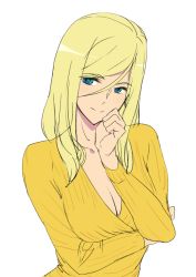 Rule 34 | 1girl, alternate costume, ashiomi masato, blonde hair, blue eyes, breasts, casual, cleavage, closed mouth, guilty gear, guilty gear xrd, looking at viewer, medium hair, millia rage, simple background, smile, solo, white background
