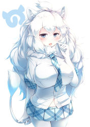 Rule 34 | 10s, 1girl, absurdres, blue eyes, blush, breasts, commentary, elbow gloves, fang, finger to mouth, fur collar, gloves, hair between eyes, highres, japari symbol, kanzakietc, kemono friends, large breasts, lion tail, long hair, looking at viewer, midriff peek, open mouth, pantyhose, plaid, plaid neckwear, plaid skirt, plaid trim, pleated skirt, short sleeves, simple background, skirt, solo, tail, white background, white gloves, white hair, white lion (kemono friends), white pantyhose