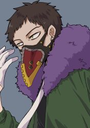 Rule 34 | 1boy, absurdres, black shirt, boku no hero academia, brown hair, ear piercing, feather-trimmed jacket, feathers, gloves, green jacket, highres, jacket, male focus, mask, mouth mask, nagare (nagare3), necktie, overhaul (boku no hero academia), piercing, plague doctor mask, purple feathers, shirt, short hair, solo, very short hair, white gloves, white necktie, yellow eyes
