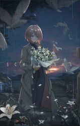 Rule 34 | 1girl, bird, black shirt, blue eyes, blue pants, bouquet, brown coat, brown hair, chinese commentary, closed mouth, coat, english text, flower, girls&#039; frontline, graveyard, highres, holding, holding bouquet, holding flower, id card, long sleeves, looking down, mai (xskdizzy), medium hair, open clothes, open coat, pants, rain, scenery, shadowless (girls&#039; frontline), shirt, solo, standing, tombstone, water drop, wet face, white bird, white flower