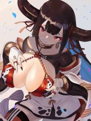 Rule 34 | 1girl, animal print, black nails, bra, breasts, bridal gauntlets, cleavage, collar, cow print, eyeshadow, greentanuki, hands on own chest, highres, horn ornament, horn ribbon, horns, large breasts, leaning forward, long hair, looking at viewer, makeup, mole, mole on breast, nail polish, re:act, red eyes, red thighhighs, ribbon, rope, shimenawa, smile, solo, thighhighs, underwear, ushio tia, very long hair, virtual youtuber, wide sleeves