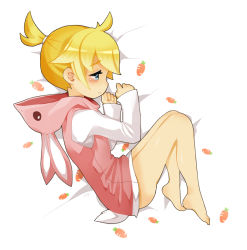 Rule 34 | 1boy, ass, bed, blonde hair, blue eyes, blush, rabbit, carrot, child, hood, hoodie, kagamine len, lying, male focus, no pants, on side, ponytail, short hair, sleeves past wrists, solo, tears, vocaloid