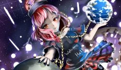 Rule 34 | 1girl, black nails, black shirt, blush, chain, chain, clothes writing, collar, danmaku, earth (ornament), earth (planet), frilled skirt, frills, gold chain, grid, hat, hecatia lapislazuli, hell, highres, looking to the side, moon, multicolored clothes, multicolored skirt, nail polish, off-shoulder shirt, off shoulder, perspective, planet, red eyes, red hair, shirt, short hair, short sleeves, skirt, smile, solo, space, stormplush, teeth, touhou, wavy hair