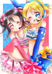 Rule 34 | 2girls, ;d, arm up, artist name, ayase eli, black hair, blonde hair, blue gloves, blue skirt, blush, bow, cheerleader, clothes writing, commentary request, copyright name, crop top, elbow gloves, gloves, hair bow, hair ornament, hakumai konatsu, headset, highres, looking at viewer, love live!, love live! school idol festival, love live! school idol project, midriff, miniskirt, multiple girls, navel, one eye closed, open mouth, pink bow, pink gloves, pink skirt, polka dot, polka dot skirt, pom pom (cheerleading), ponytail, sidelocks, signature, skirt, smile, star (symbol), star hair ornament, star print, takaramonozu, twintails, yazawa nico, yellow bow