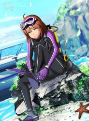 Rule 34 | 1girl, 364ing01, adjusting footwear, ahoge, black bodysuit, black wetsuit, blue sky, boat, bodysuit, breasts, brown hair, commission, diving mask, diving mask on head, diving regulator, diving suit, flippers, foot up, full body, gloves, goggles, goggles on head, hose, knee up, light smile, looking at viewer, original, oxygen tank, purple bodysuit, purple gloves, rock, scuba, scuba gear, scuba tank, shore, short hair, sitting, sitting on rock, skeb commission, skin tight, sky, small breasts, smile, solo, starfish, striped clothes, two-tone bodysuit, two-tone gloves, vertical-striped clothes, water, watercraft, wetsuit, yacht, yellow eyes