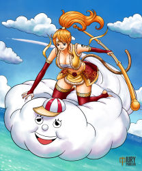 Rule 34 | 1girl, bare shoulders, breasts, cleavage, curvy, holding, holding weapon, iury padilha, large breasts, legs, long hair, monkey tail, nami (one piece), one piece, orange hair, ponytail, solo, tail, tattoo, thick thighs, thighs, weapon, wide hips, zeus (one piece)