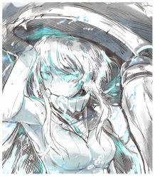Rule 34 | 10s, 1girl, abyssal ship, aqua eyes, blood, bodysuit, breasts, bubble, cape, collar, colored skin, female focus, glowing, glowing eyes, kantai collection, looking away, no gloves, partially colored, removing hat, solo, teeth, torichamaru, white hair, white skin, wo-class aircraft carrier