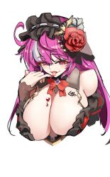 1girl absurdres black_dress blood blood_on_breasts blood_on_hands breasts cropped_torso dress flower frilled_dress frilled_hairband frills guardian_tales hair_flower hair_ornament hairband highres huge_breasts licking_blood light_blush mopqrkdnl1 multicolored_hair purple_hair red_eyes red_flower simple_background solo streaked_hair tongue tongue_out vampire vampire_girl_karina white_background white_hair