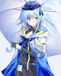Rule 34 | 1boy, absurdres, arknights, beret, black gloves, black shirt, black shorts, blue hair, blue hat, blush, brown eyes, closed mouth, commentary request, elbow gloves, gloves, gradient hair, grey background, grey umbrella, hair between eyes, hat, highres, holding, holding umbrella, hood, hood down, imakokotea (imakoko), long hair, looking at viewer, male focus, mizuki (arknights), multicolored hair, pink hair, shirt, shorts, simple background, sketch, smile, solo, umbrella