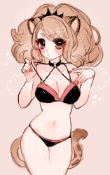 Rule 34 | 1girl, animal ears, bad id, bad pixiv id, bare shoulders, big hair, bikini, black bikini, black choker, blush, breasts, cat ears, cat tail, choker, citti (show by rock!!), cleavage, closed mouth, copyright request, cowboy shot, fingernails, heart, large breasts, lion ears, lion tail, looking at viewer, mamaloni, nail polish, navel, o-ring, o-ring top, ponytail, red eyes, red nails, short hair, show by rock!!, solo, standing, sweatdrop, swimsuit, tail