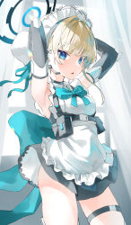 Rule 34 | 1girl, absurdres, adjusting hair, apron, armpits, arms behind head, blue archive, blue eyes, blunt bangs, bow, bowtie, bun cover, commentary request, frilled apron, frills, hair bun, halo, headset, highres, light brown hair, long hair, looking at viewer, maid, maid apron, maid headdress, nitoron, parted lips, sidelocks, single hair bun, sleeveless, solo, thighlet, toki (blue archive)