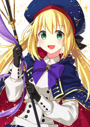 Rule 34 | 1girl, artoria caster (fate), artoria caster (second ascension) (fate), artoria pendragon (fate), bad id, bad twitter id, blonde hair, coconat summer, fate/grand order, fate (series), gloves, green eyes, hair between eyes, hat, highres, holding, holding staff, long hair, long sleeves, looking at viewer, open mouth, simple background, solo, staff, tongue, upper body, white background